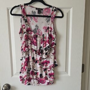 White House Black Market Pink and Black Ruffled Floral Tank Top